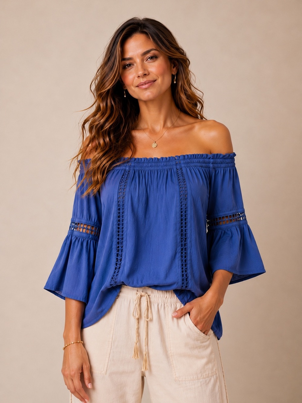 NWT Melissa Paige L Blue Off Shoulder Peasant Blouse Bell Sleeve Boho Top